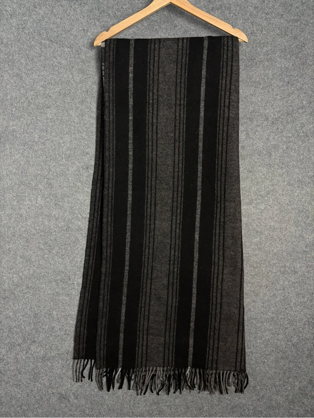 ALXILIARY 100% Wool Black Gray Plaid Fringe Oversized Scarf